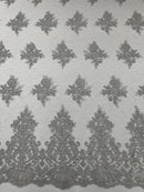 Damask Border Corded Lace - Silver Metallic - Floral Cluster Design Damask Border on Lace Fabric Yard