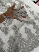 Damask Border Corded Lace - Silver Metallic - Floral Cluster Design Damask Border on Lace Fabric Yard