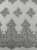 Damask Border Corded Lace - Silver Metallic - Floral Cluster Design Damask Border on Lace Fabric Yard