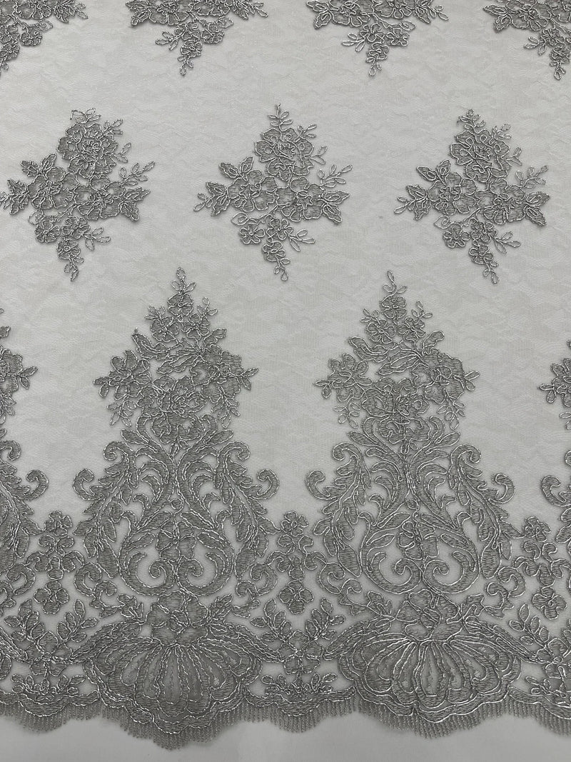 Damask Border Corded Lace - Silver Metallic - Floral Cluster Design Damask Border on Lace Fabric Yard