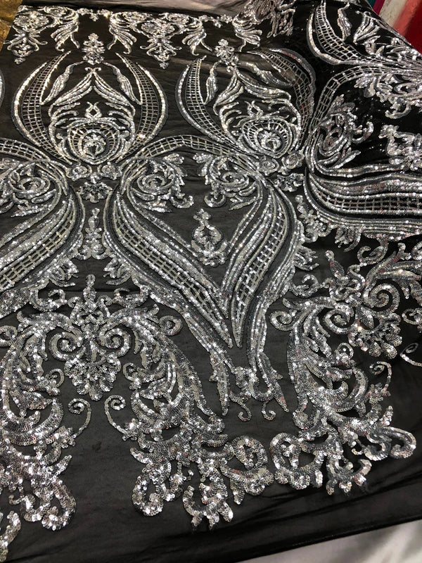 Damask Sequins Fabric - 4 Way Stretch Big Damask Sequins Fabric - Pick Color - 25 Yard Roll