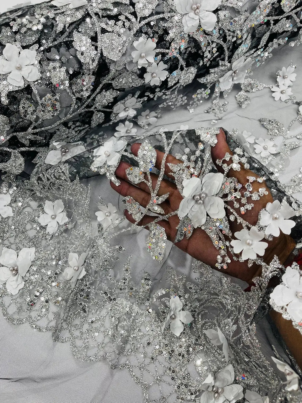 3D Flower Glitter Fabric - Silver on Black - Floral Glitter Sequin Design on Lace Mesh Fabric by Yard