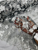 3D Flower Glitter Fabric - Silver on Black - Floral Glitter Sequin Design on Lace Mesh Fabric by Yard