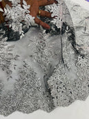 Floral Lace Fabric - Silver on Black - Metallic Floral Design on Lace Mesh Fabric By Yard