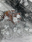 3D Glitter Floral Design Fabric - Silver on Black - Floral Line Design Embroidered Sequins Fabric by Yard