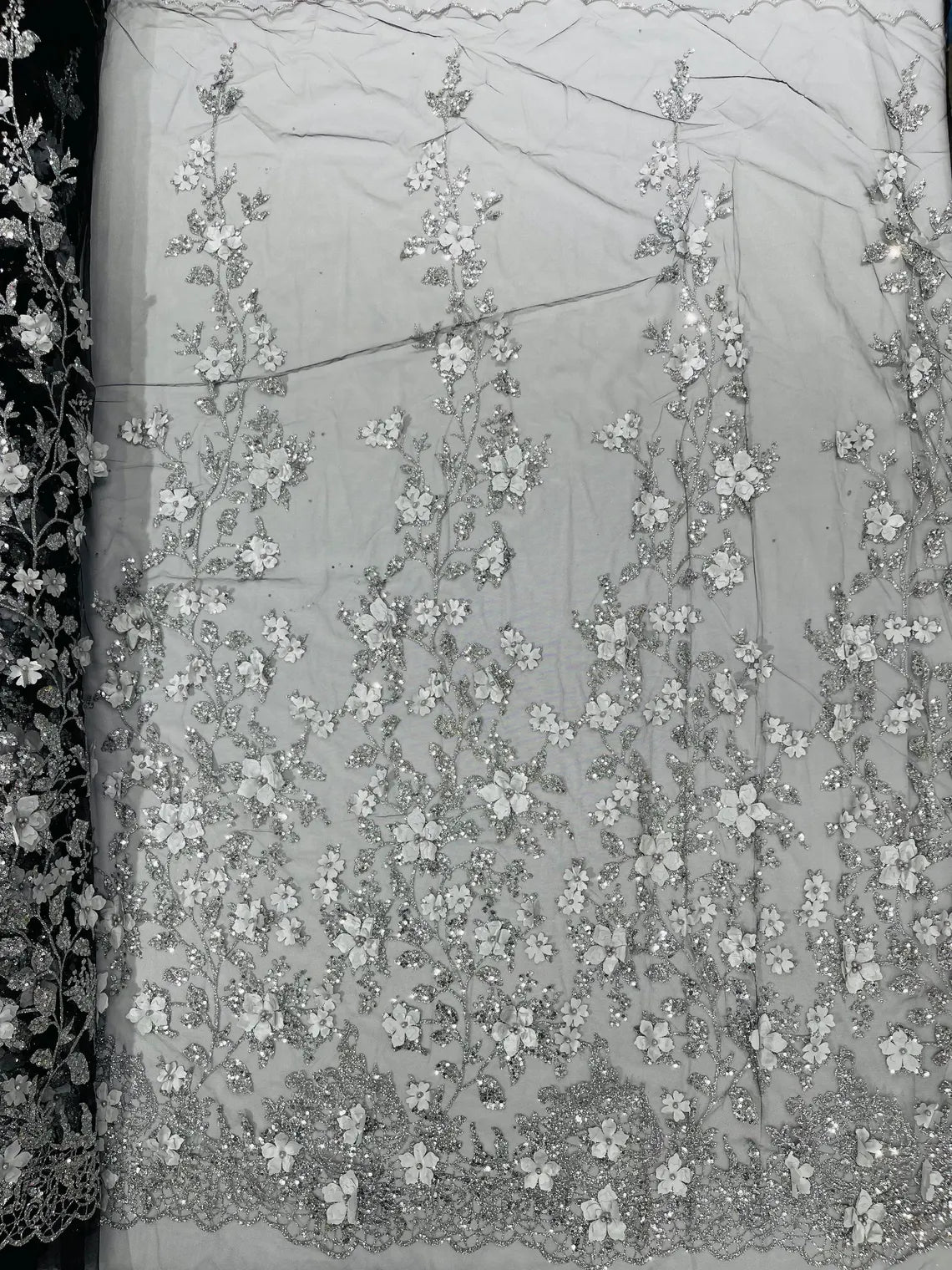 3D Flower Glitter Fabric - Silver on Black - Floral Glitter Sequin Design on Lace Mesh Fabric by Yard