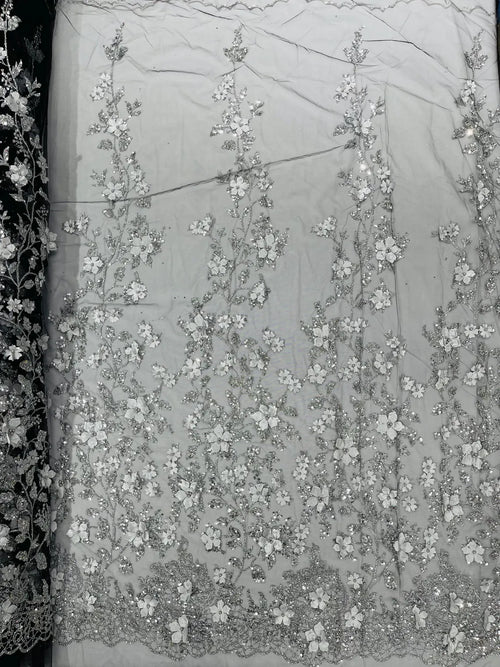 3D Flower Glitter Fabric - Silver on Black - Floral Glitter Sequin Design on Lace Mesh Fabric by Yard