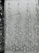 3D Flower Glitter Fabric - Silver on Black - Floral Glitter Sequin Design on Lace Mesh Fabric by Yard
