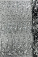 3D Glitter Floral Design Fabric - Silver on Black - Floral Line Design Embroidered Sequins Fabric by Yard