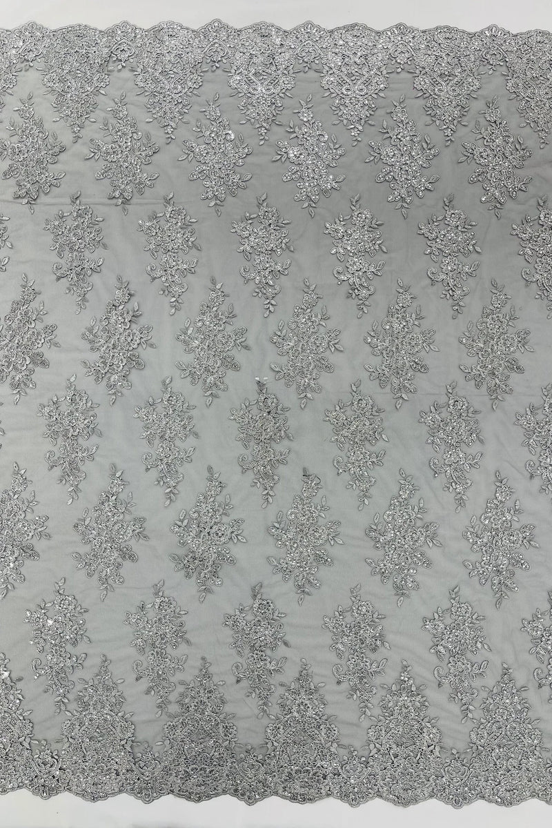 Floral Lace Fabric - Silver on Black - Metallic Floral Design on Lace Mesh Fabric By Yard
