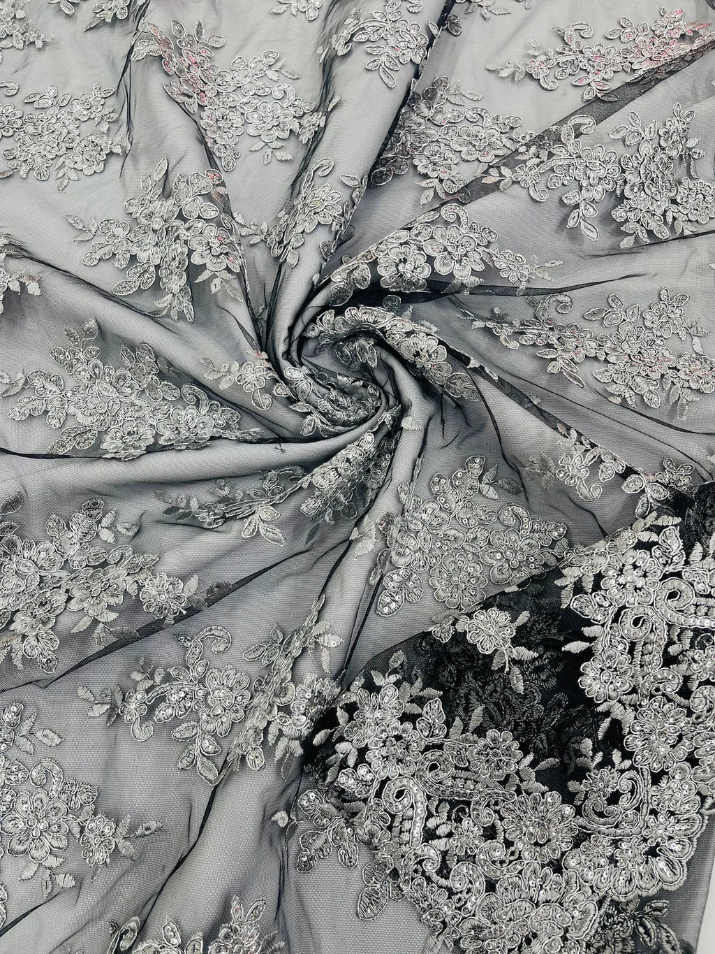 Floral Lace Fabric - Silver on Black - Metallic Floral Design on Lace Mesh Fabric By Yard