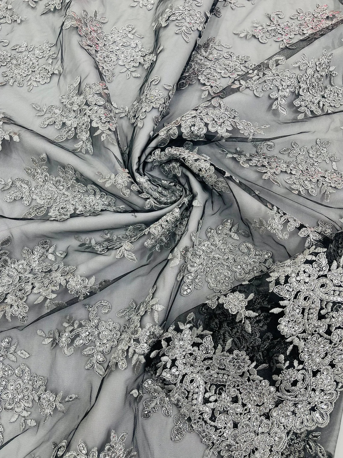 Floral Lace Fabric - Silver on Black - Metallic Floral Design on Lace Mesh Fabric By Yard