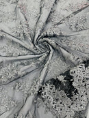 Floral Lace Fabric - Silver on Black - Metallic Floral Design on Lace Mesh Fabric By Yard