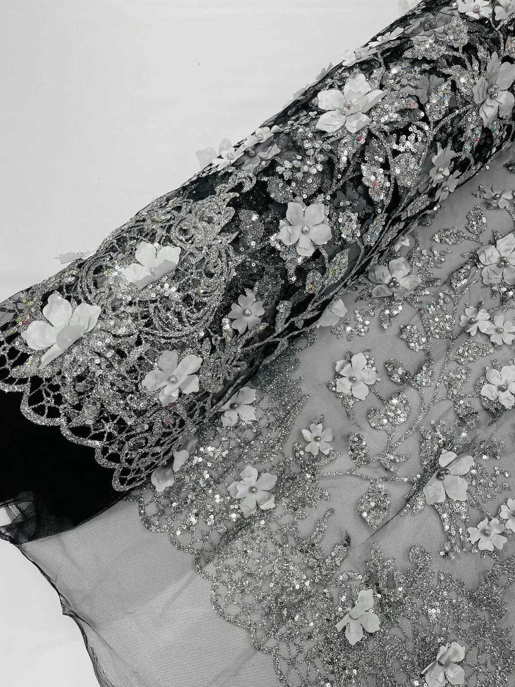 3D Flower Glitter Fabric - Silver on Black - Floral Glitter Sequin Design on Lace Mesh Fabric by Yard