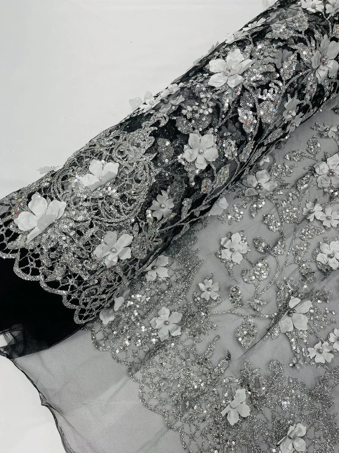 3D Flower Glitter Fabric - Silver on Black - Floral Glitter Sequin Design on Lace Mesh Fabric by Yard