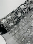 3D Flower Glitter Fabric - Silver on Black - Floral Glitter Sequin Design on Lace Mesh Fabric by Yard