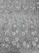 3D Glitter Floral Design Fabric - Silver on Black - Floral Line Design Embroidered Sequins Fabric by Yard