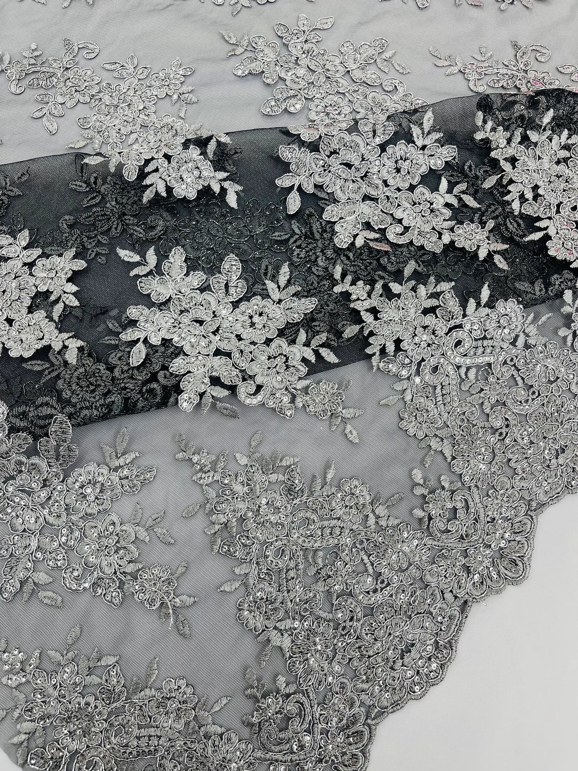 Floral Lace Fabric - Silver on Black - Metallic Floral Design on Lace Mesh Fabric By Yard