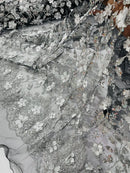 3D Flower Glitter Fabric - Silver on Black - Floral Glitter Sequin Design on Lace Mesh Fabric by Yard