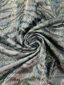 Tiger Design Spandex Fabric - Silver on Black - 58/60" Animal Print Mystique 4 Way Stretch Fabric By Yard