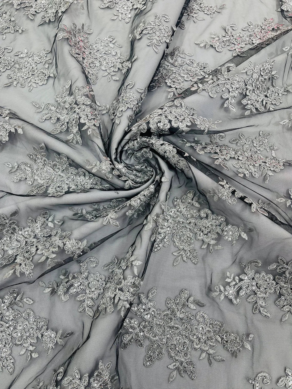 Floral Lace Fabric - Silver on Black - Metallic Floral Design on Lace Mesh Fabric By Yard