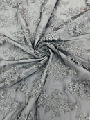 Floral Lace Fabric - Silver on Black - Metallic Floral Design on Lace Mesh Fabric By Yard