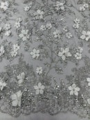 3D Flower Glitter Fabric - Silver on Black - Floral Glitter Sequin Design on Lace Mesh Fabric by Yard