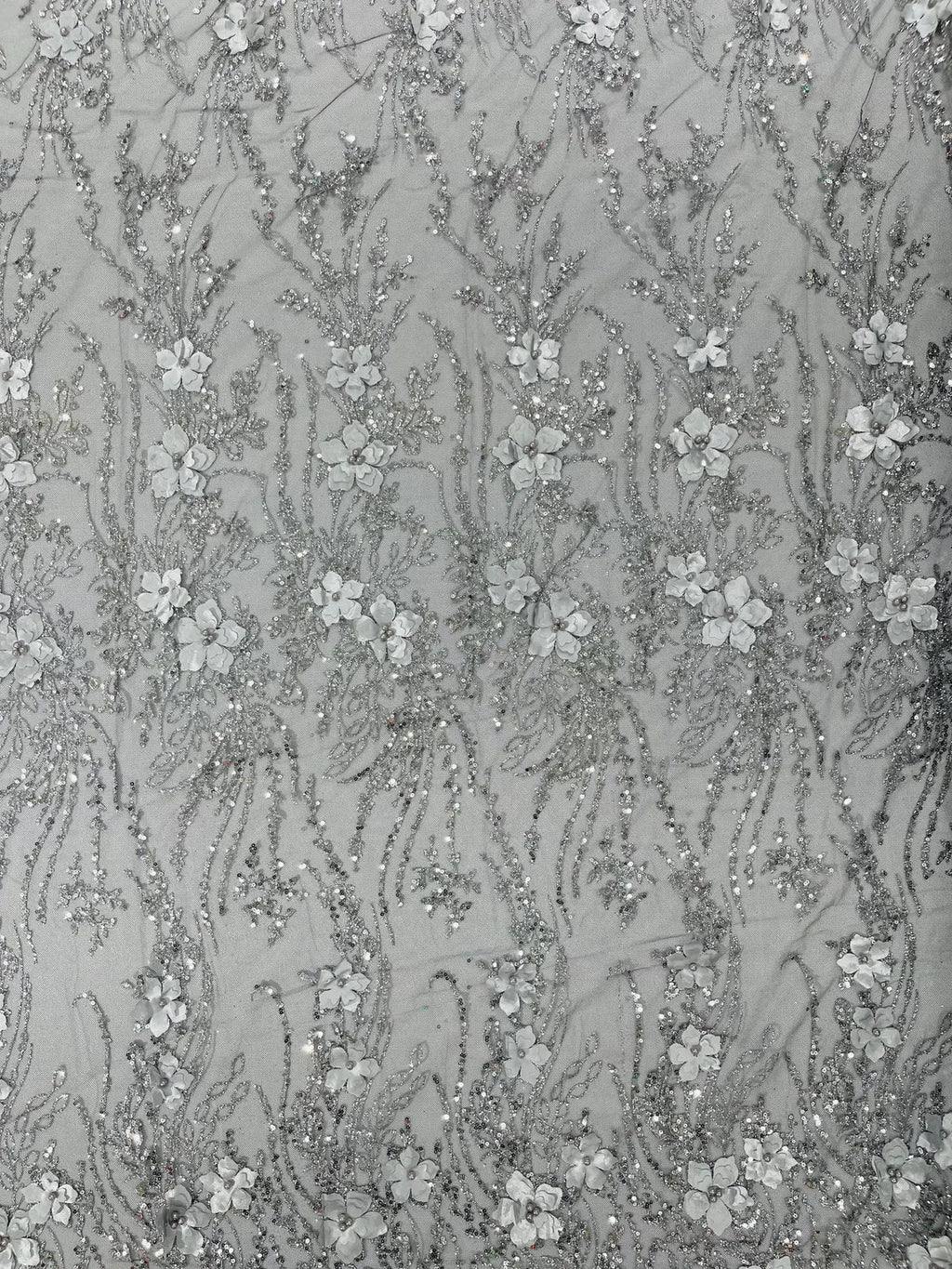 3D Glitter Floral Design Fabric - Silver on Black - Floral Line Design Embroidered Sequins Fabric by Yard