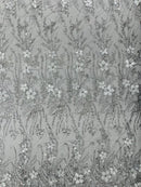 3D Glitter Floral Design Fabric - Silver on Black - Floral Line Design Embroidered Sequins Fabric by Yard