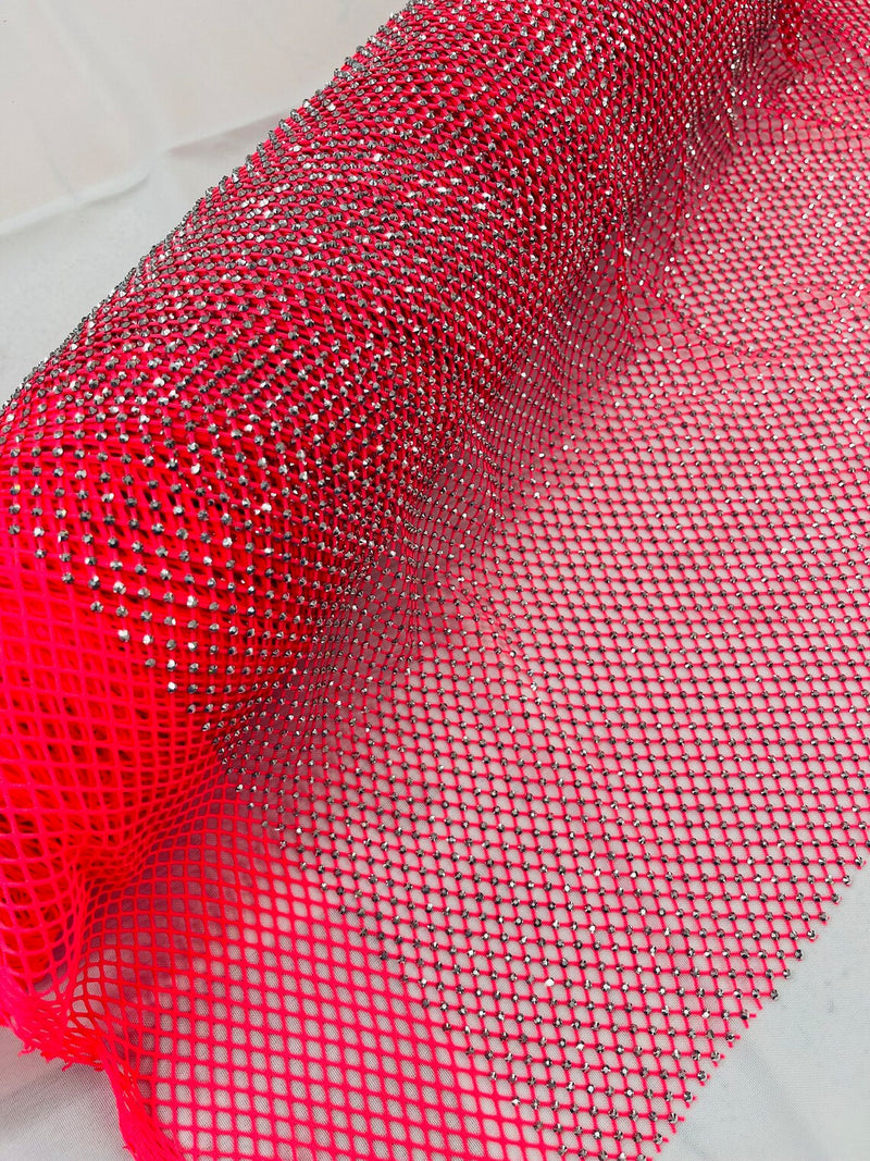 Fish Net Spandex Rhinestone Fabric - Silver on Hot Pink - Spandex Fish Net Design Fabric with Rhinestones by Yard