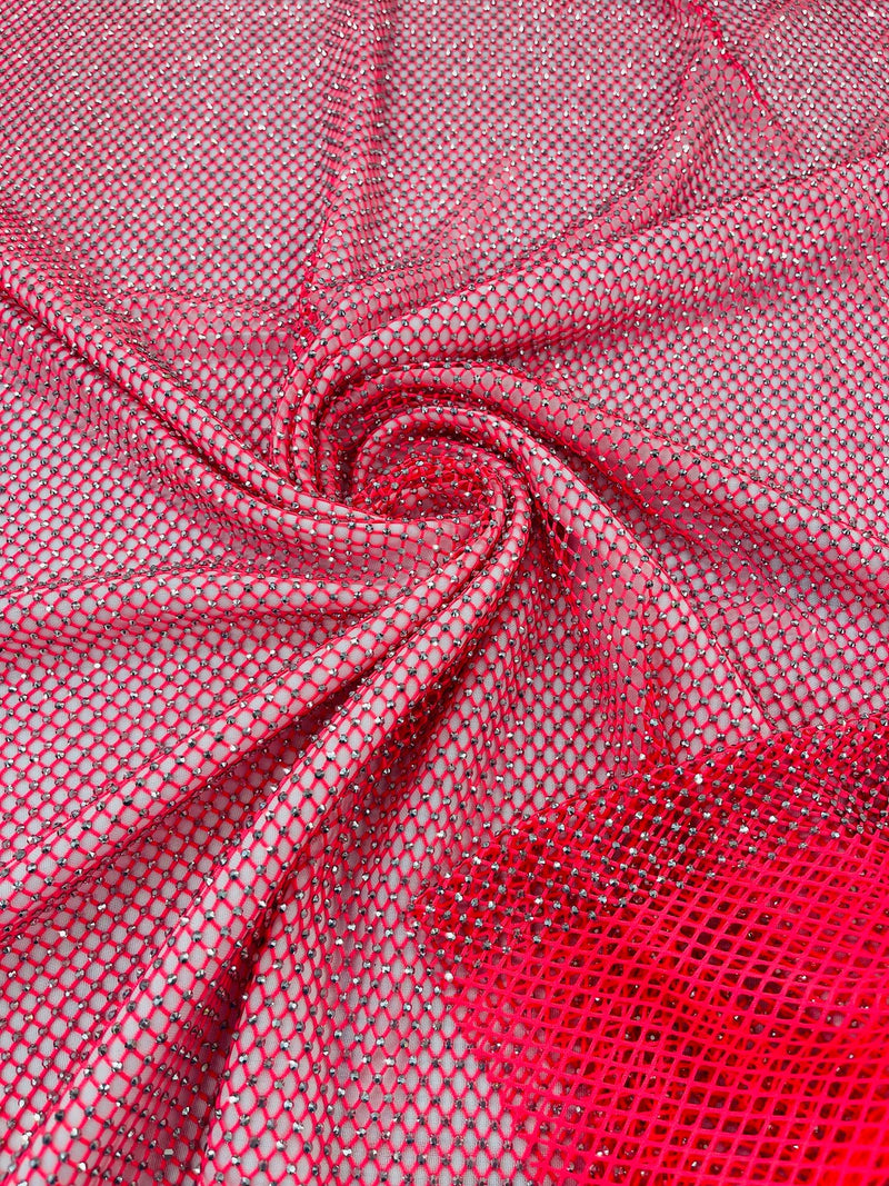 Fish Net Spandex Rhinestone Fabric - Silver on Hot Pink - Spandex Fish Net Design Fabric with Rhinestones by Yard