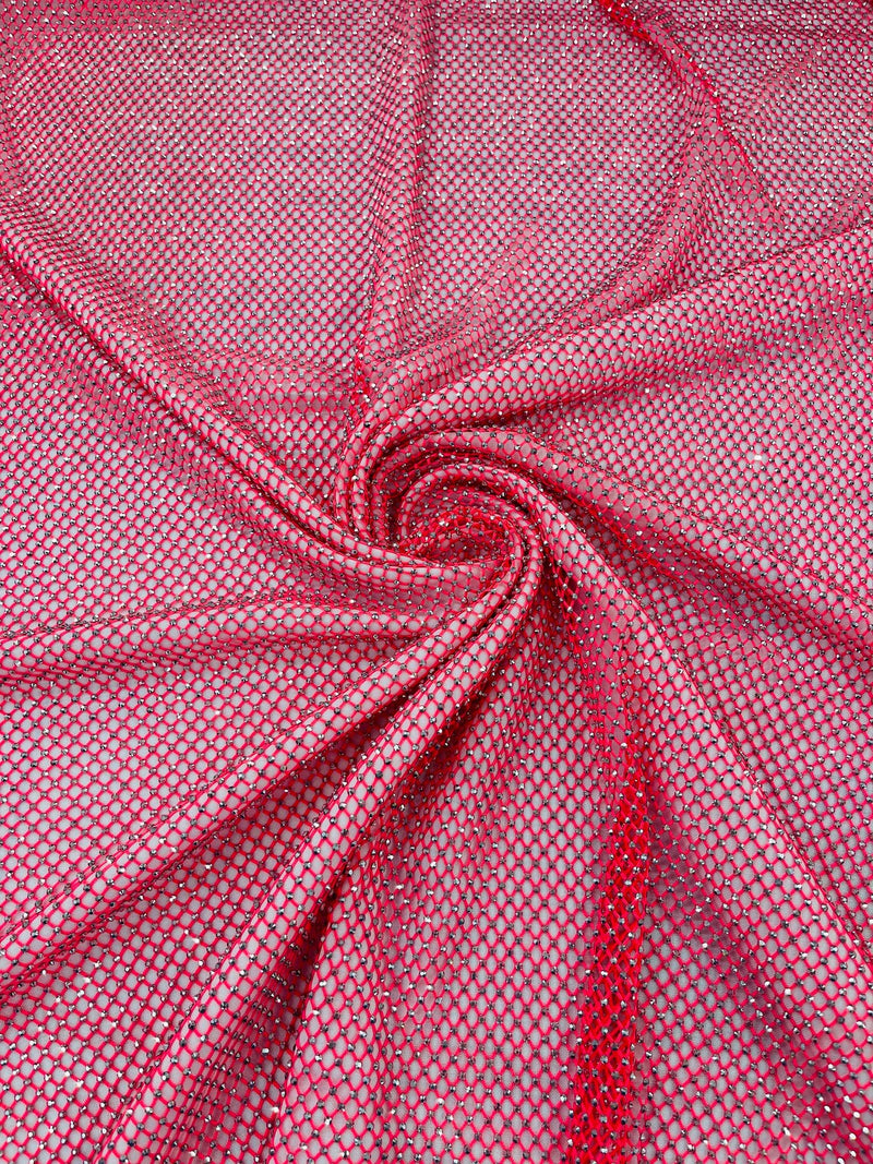 Fish Net Spandex Rhinestone Fabric - Silver on Hot Pink - Spandex Fish Net Design Fabric with Rhinestones by Yard