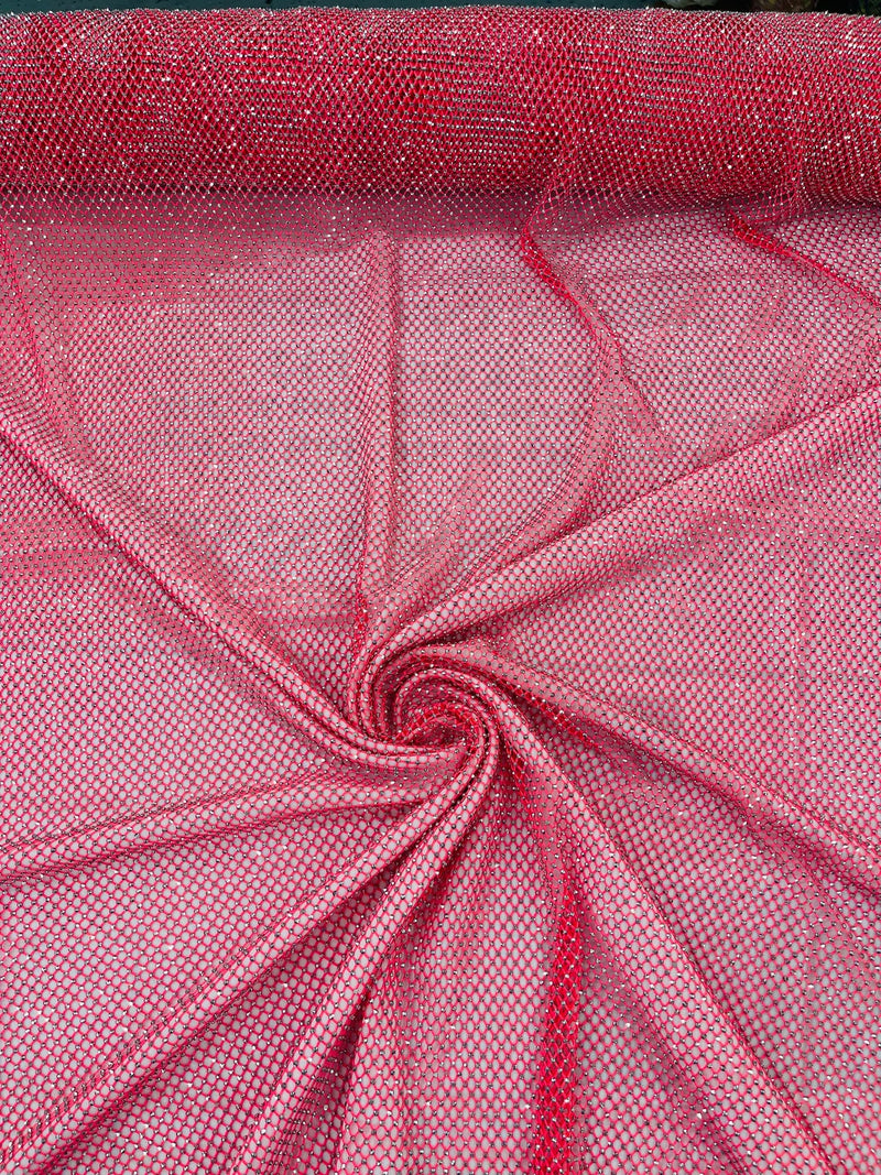 Fish Net Spandex Rhinestone Fabric - Silver on Hot Pink - Spandex Fish Net Design Fabric with Rhinestones by Yard