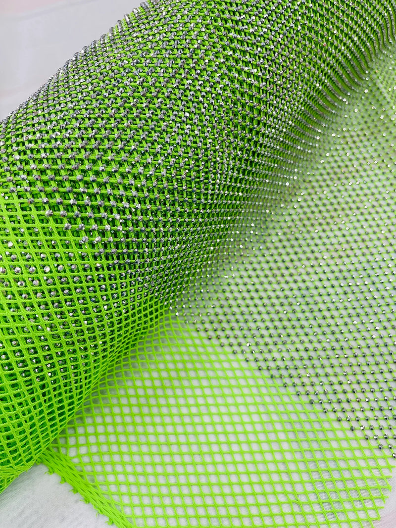 Fish Net Spandex Rhinestone Fabric - Silver on Lime Green - Spandex Fish Net Design Fabric with Rhinestones by Yard