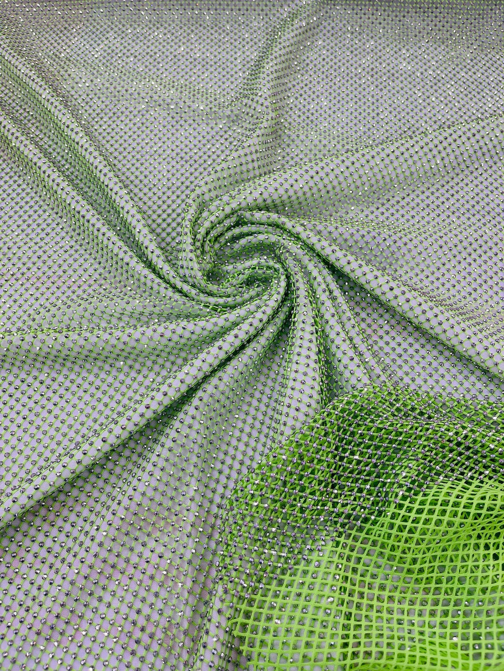 Fish Net Spandex Rhinestone Fabric - Silver on Lime Green - Spandex Fish Net Design Fabric with Rhinestones by Yard