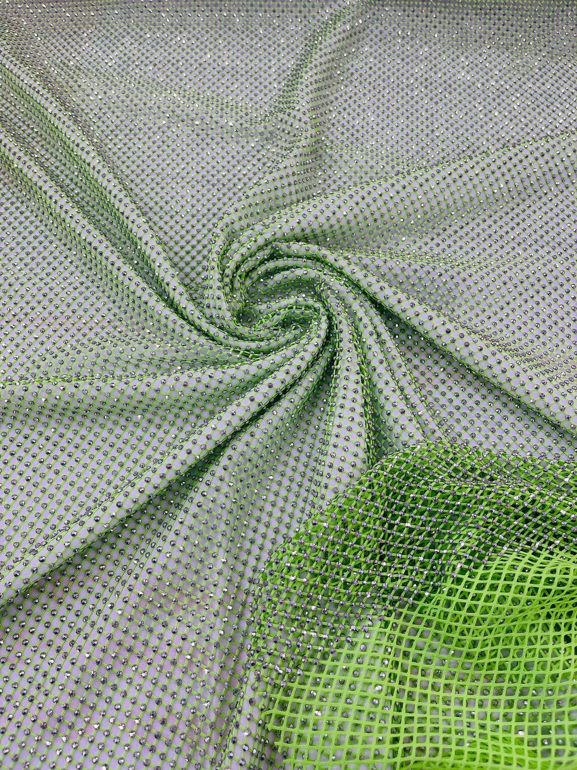 Fish Net Spandex Rhinestone Fabric - Silver on Lime Green - Spandex Fish Net Design Fabric with Rhinestones by Yard