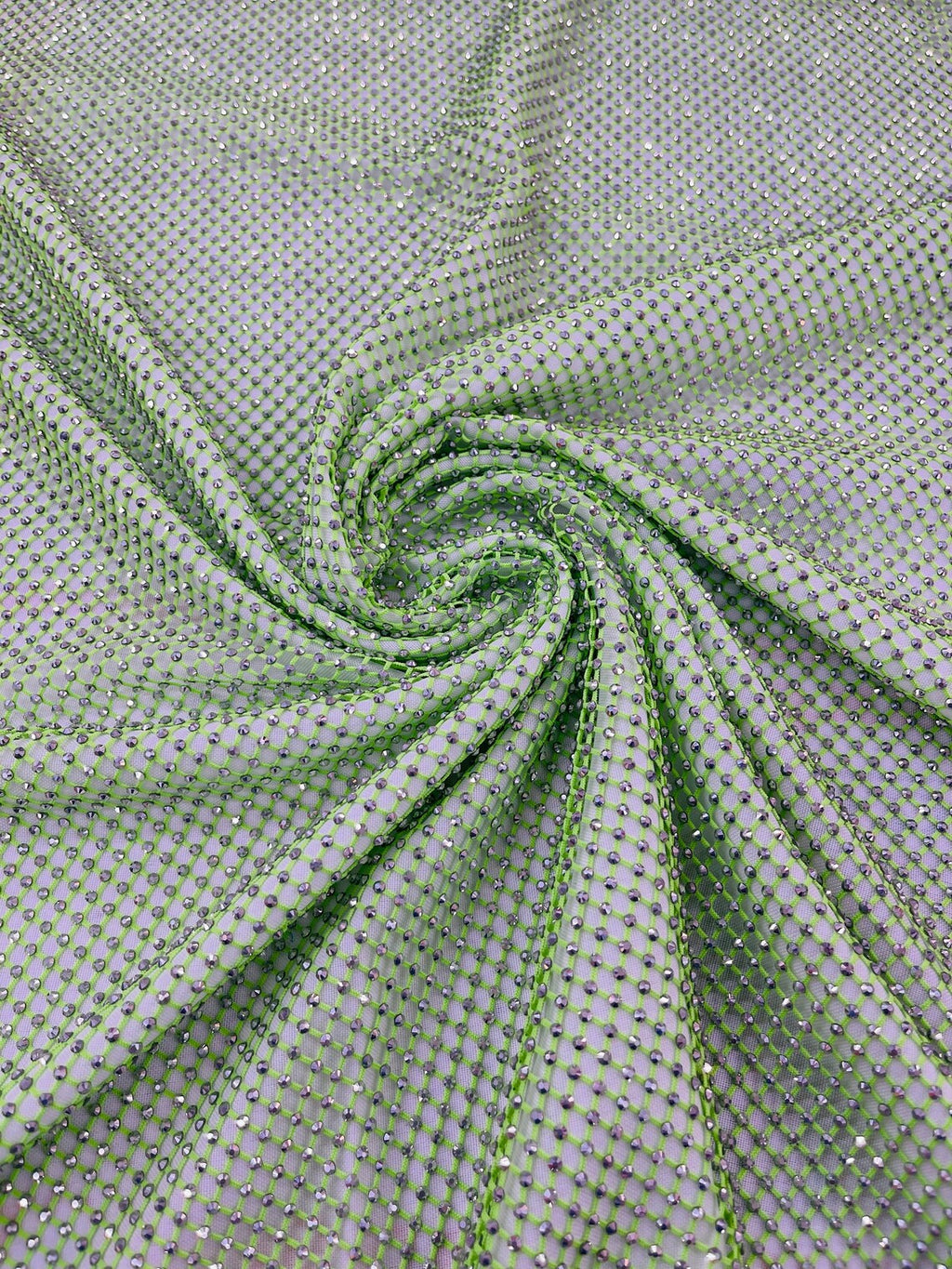 Fish Net Spandex Rhinestone Fabric - Silver on Lime Green - Spandex Fish Net Design Fabric with Rhinestones by Yard