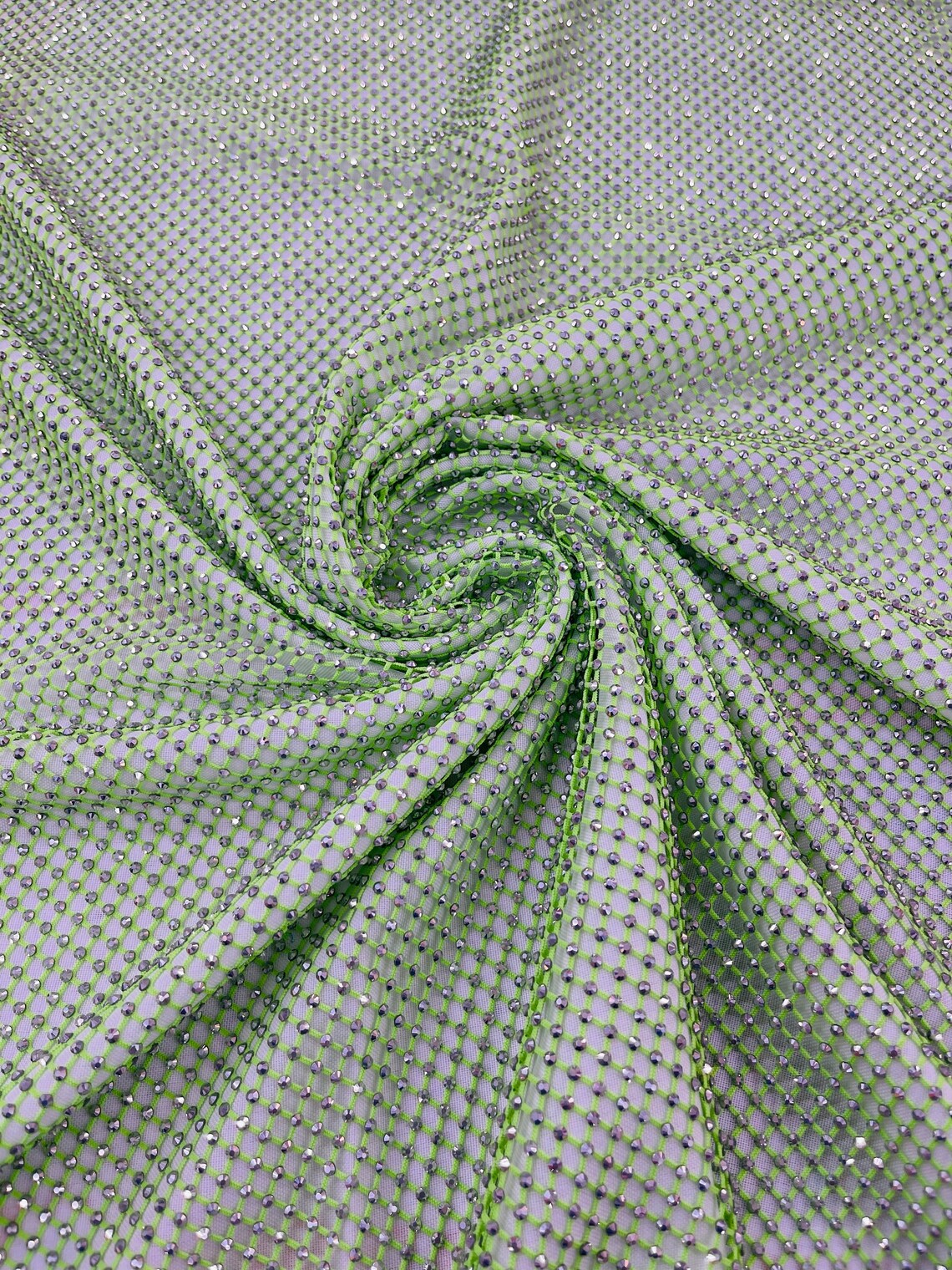Fish Net Spandex Rhinestone Fabric - Silver on Lime Green - Spandex Fish Net Design Fabric with Rhinestones by Yard