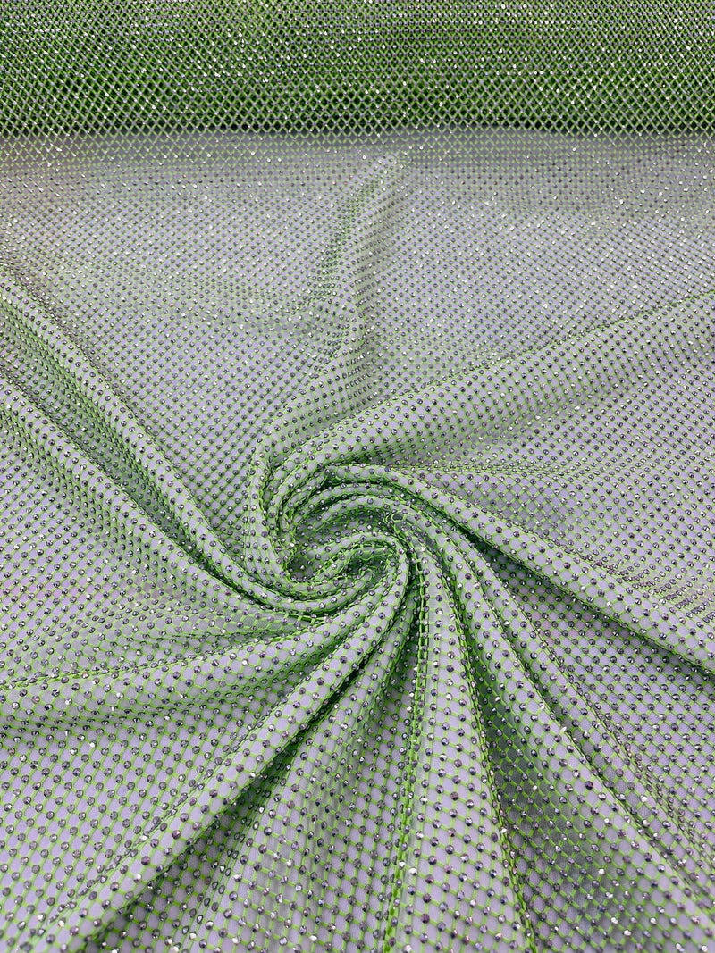 Fish Net Spandex Rhinestone Fabric - Silver on Lime Green - Spandex Fish Net Design Fabric with Rhinestones by Yard