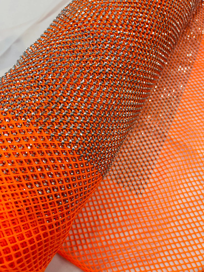 Fish Net Spandex Rhinestone Fabric - Silver on Orange - Spandex Fish Net Design Fabric with Rhinestones by Yard