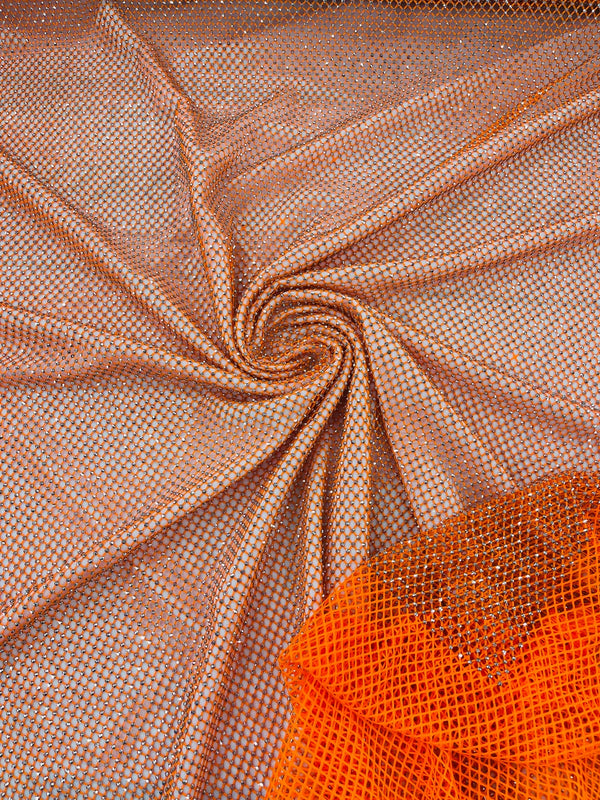 Fish Net Spandex Rhinestone Fabric - Silver on Orange - Spandex Fish Net Design Fabric with Rhinestones by Yard