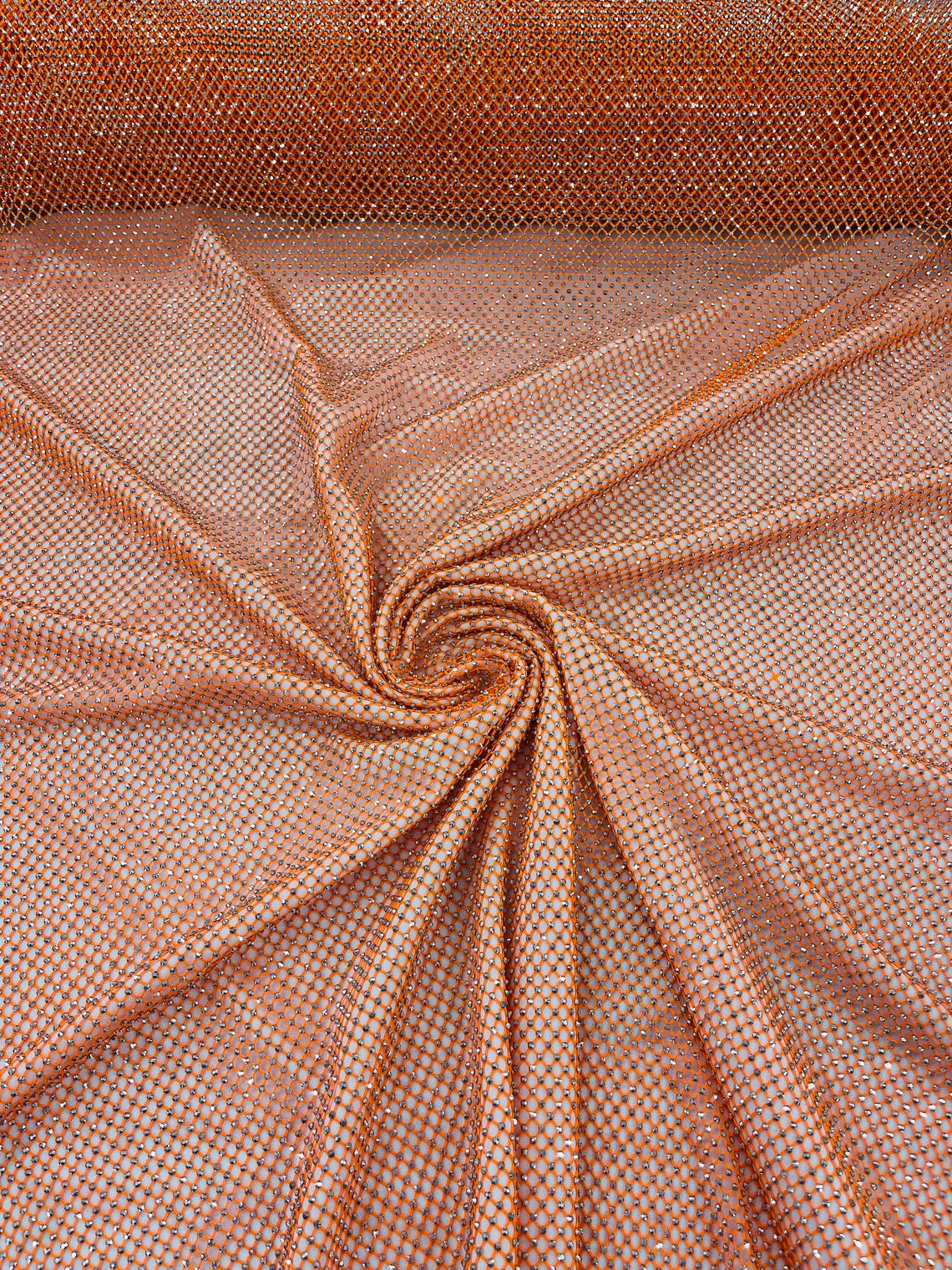 Fish Net Spandex Rhinestone Fabric - Silver on Orange - Spandex Fish Net Design Fabric with Rhinestones by Yard