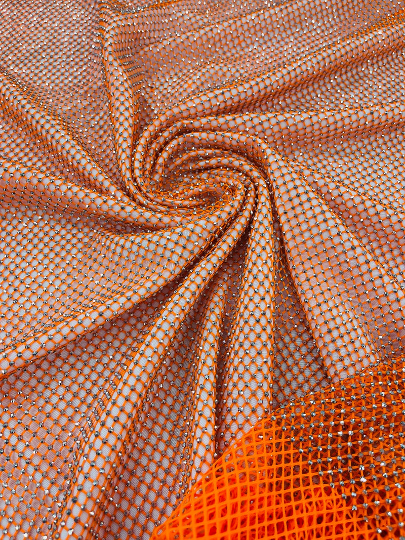 Fish Net Spandex Rhinestone Fabric - Silver on Orange - Spandex Fish Net Design Fabric with Rhinestones by Yard