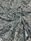 Orchid Design Sequins - Silver on White - 4 Way Stretch Full Sequins Floral Design Mesh Fabric By Yard