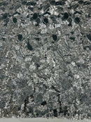 Orchid Design Sequins - Silver on White - 4 Way Stretch Full Sequins Floral Design Mesh Fabric By Yard