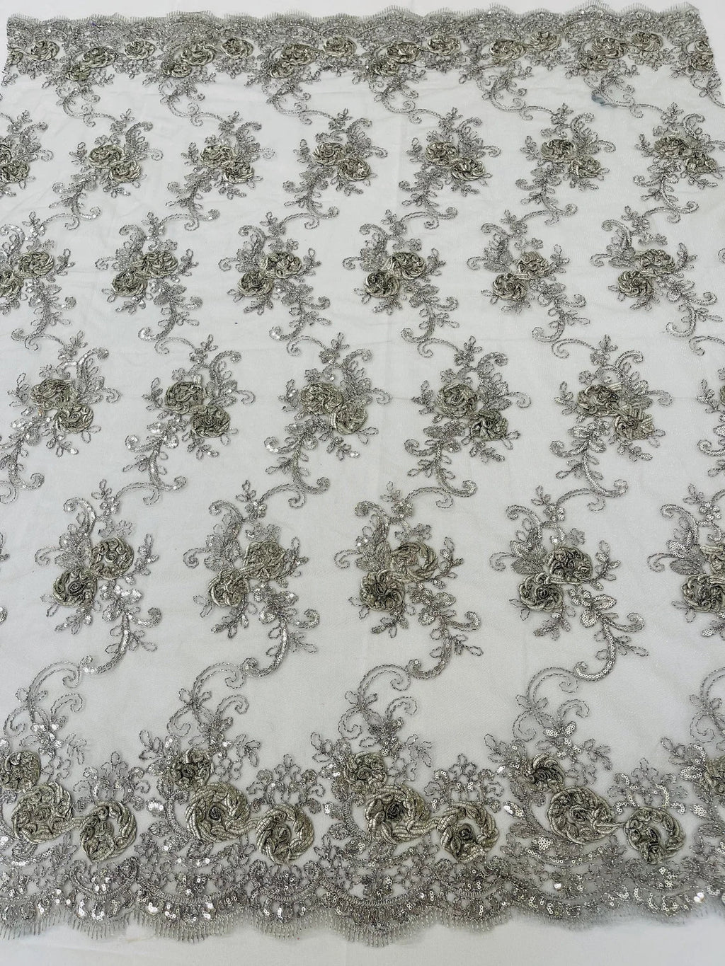 Flower Lace Fabric - Gray/ Silver - Embroidered Roses With Sequins on a Mesh Lace Fabric By Yard