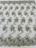 Flower Lace Fabric - Gray/ Silver - Embroidered Roses With Sequins on a Mesh Lace Fabric By Yard