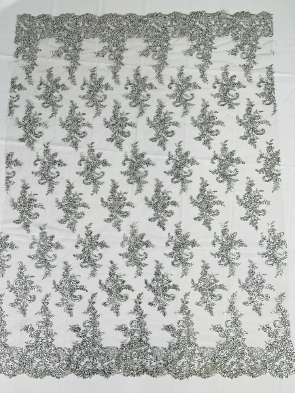 Lace Flower Cluster Fabric - Silver - Embroidered Flower With Sequins on a Mesh Lace Fabric By Yard