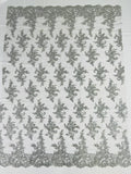 Lace Flower Cluster Fabric - Silver - Embroidered Flower With Sequins on a Mesh Lace Fabric By Yard