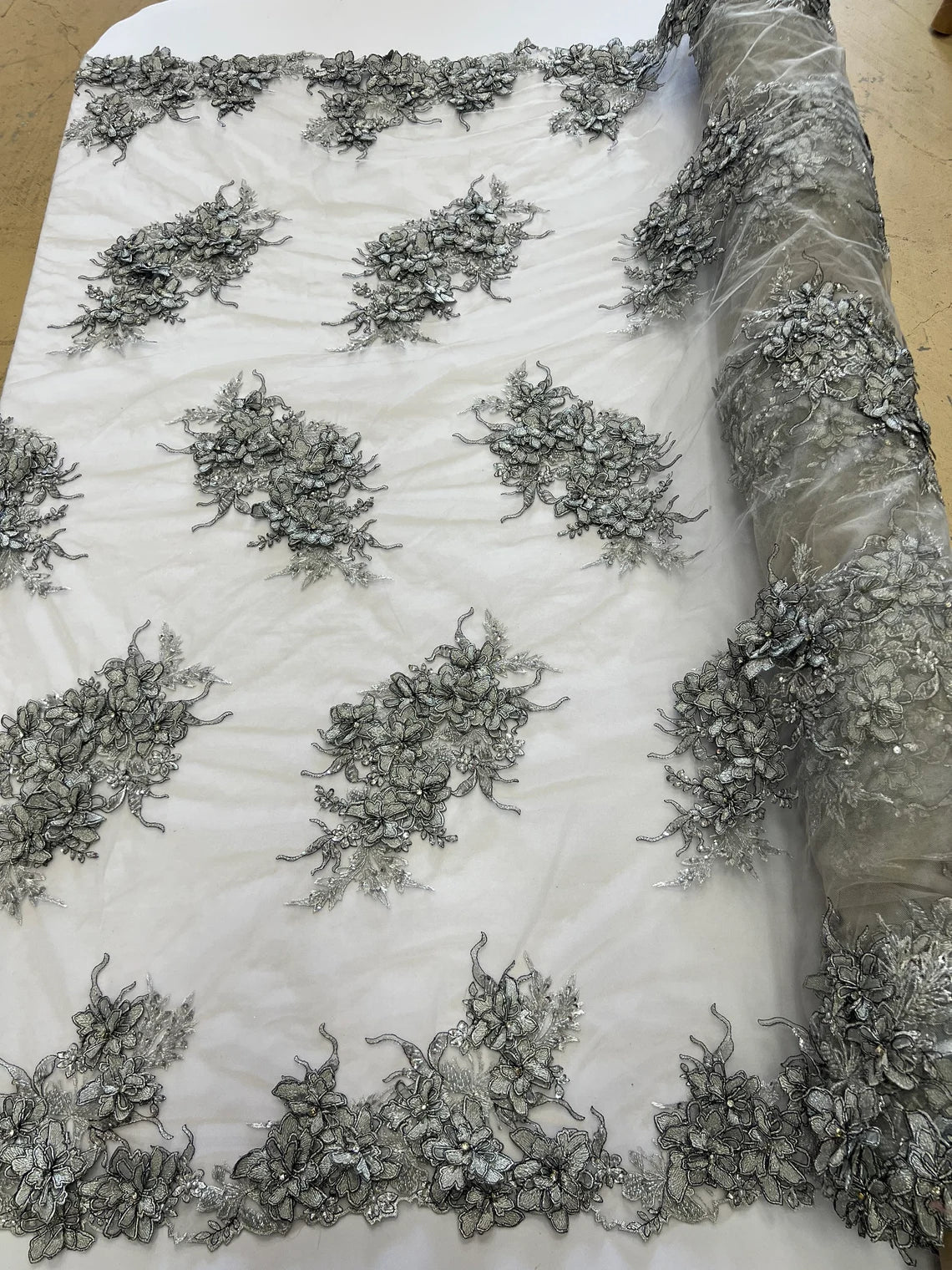 3D Floral Clusters with Rhinestone - Silver Embroidered Flowers Beads On Lace Yard